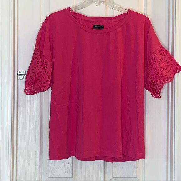 Lane Bryant Woven Eyelet-Sleeve Crew-Neck Tee Pink Size 22/24 - Picture 2 of 11